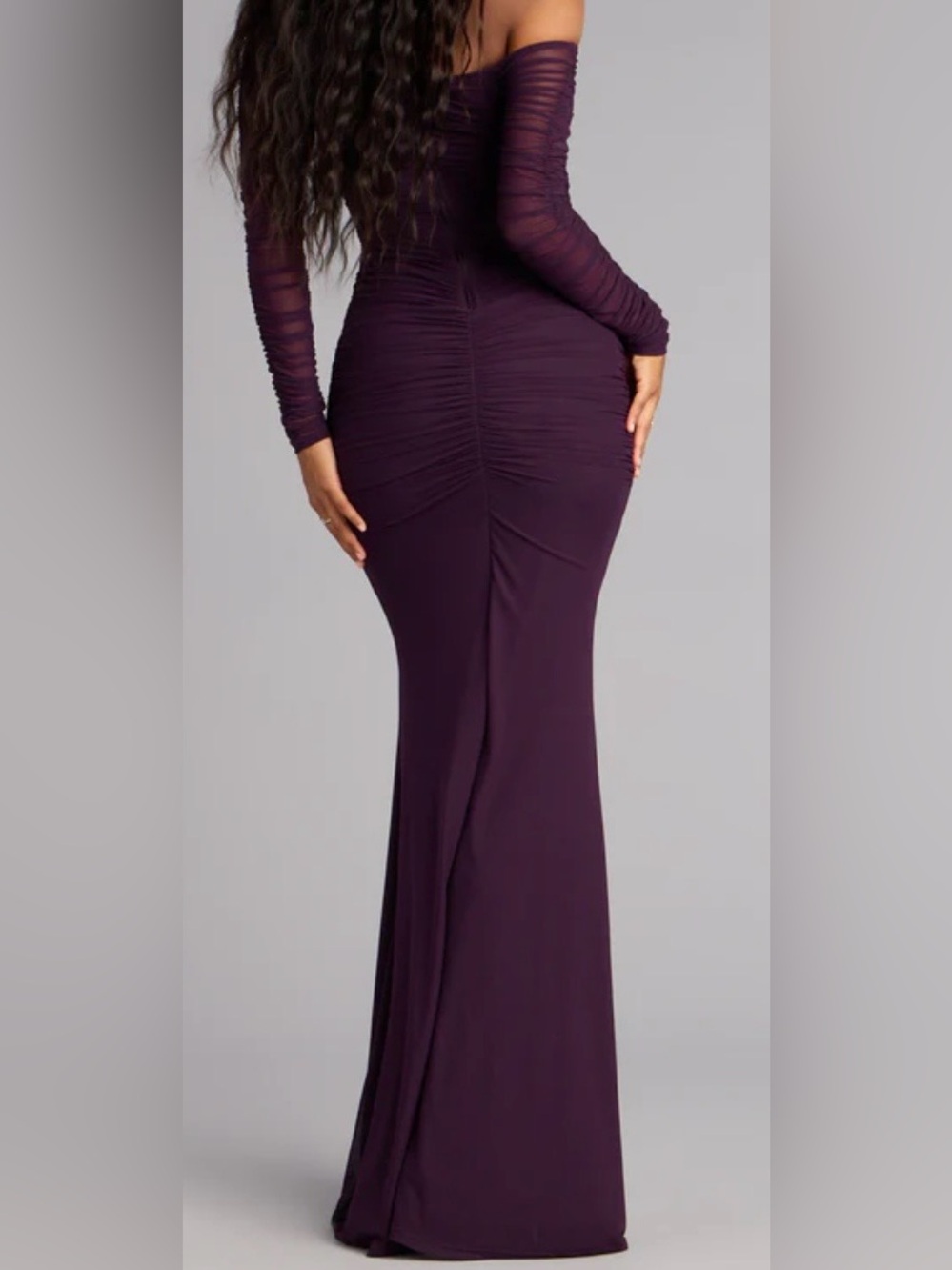 Elegant long sleeve off the shoulder deep purple formal dress - Picture 7 of 7